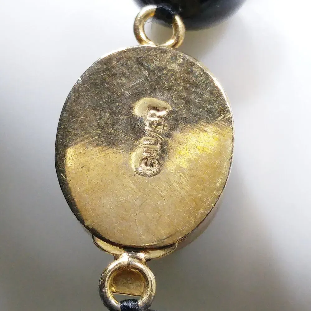 Vintage Onyx Beaded Necklace, Hand Knotted, Gold Tone Clasp, Quartz Tested 1980s